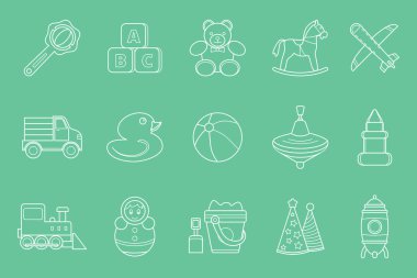 Çocuk oyuncağı simgeleri seti - Ayı, top, at, araba, tren, ördek, blok ve arayüz için oyuncak bebek sembolleri