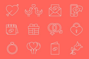 Aşk Simgeleri seti - Sitenin veya arayüzün kalp, hediye ve anahtarlarını gösteren vektör ana hatları