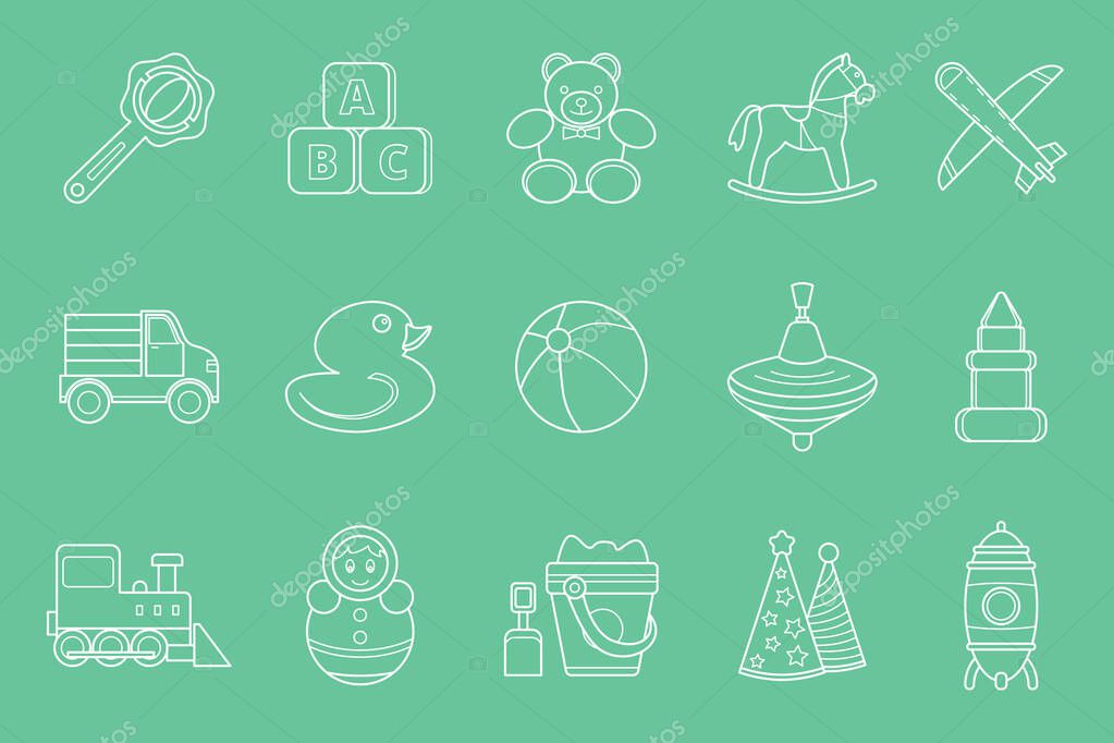 Children's toy Icons set - Vector outline symbols of bear, ball, horse, car, train, duck, blocks and doll for the site or interface