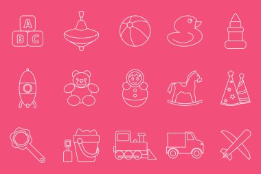 Çocuk oyuncağı simgeleri seti - Ayı, top, at, araba, tren, ördek, blok ve arayüz için oyuncak bebek sembolleri