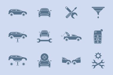 Araç servisi simgeleri ayarlandı - site veya arayüz için araç onarımının katı vektör siluetleri