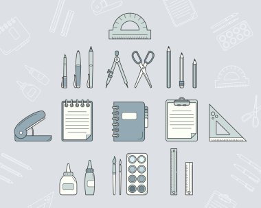 Kırtasiye simgeleri ayarlandı - Kalem, cetvel, makas, silgi, işaret, boya fırçası, site veya arayüz için zamk, vektör renk sembolleri ve taslak