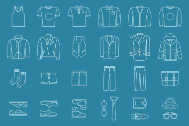 Moda Simgeleri seti - Site veya arayüz için erkek giysilerinin vektör ana hatları