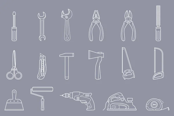 Work Tool Icons Set Vector Outline Symbols Hammer Wrench Screwdriver — Stock Vector