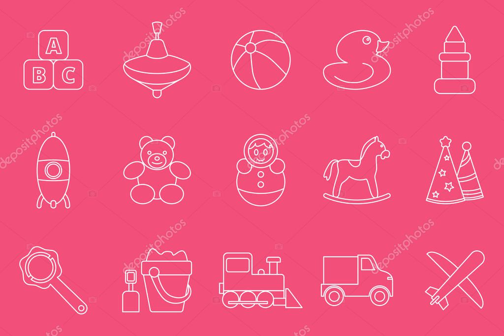 Children's toy Icons set - Vector outline symbols of bear, ball, horse, car, train, duck, blocks and doll for the site or interface