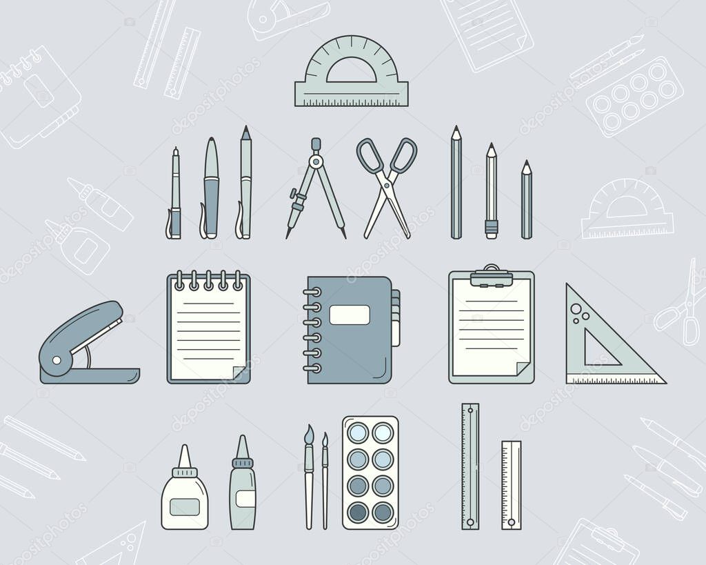 Stationery Icons set - Vector color symbols and outline of pencil, pen, ruler, scissors, eraser, marker, paintbrush, glue for the site or interface