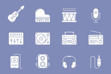 Müzik simgeleri ayarlandı - site veya arayüz için ses ekipmanlarının vektör siluetleri