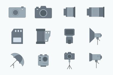 Fotoğraf ekipmanı simgeleri ayarlandı - Kameranın vektör renk sembolleri, flash, lens, tripod, slr ve arayüz için ışık