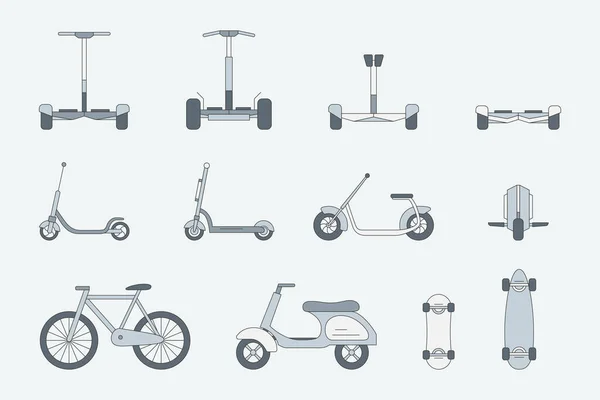 Eko taşıma simgeleri ayarlandı - Scooter, monowheel, hoverboard, gyroscooter, bisiklet ve arayüz için kaykay vektör renk sembolleri