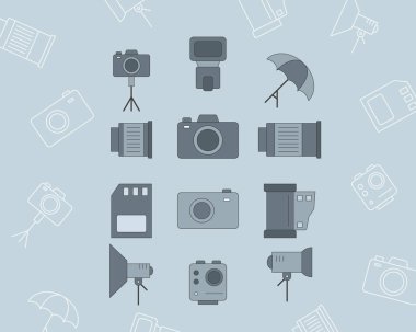 Fotoğraf ekipmanı simgeleri ayarlandı - Site veya arayüz için vektör renk simgeleri ve kamera, flash, lens, tripod, slr ve ışık çizgisi