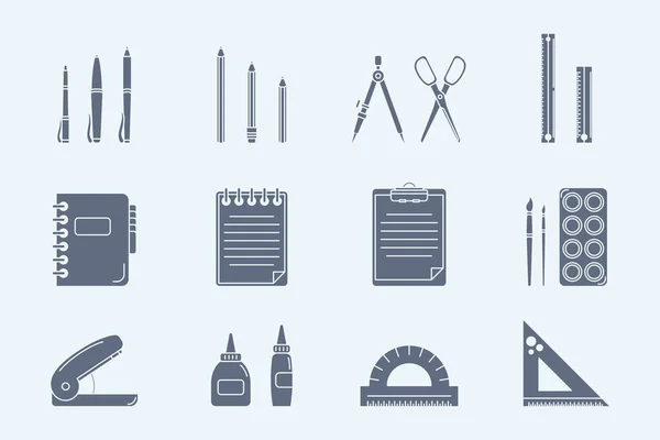 Iconen Set Vector Silhouetten Van Potlood Pen Liniaal Schaar Gum — Stockvector