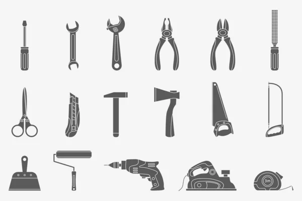 Work Tool Icons Set Vector Silhouettes Hammer Wrench Screwdriver Pliers — Stock Vector