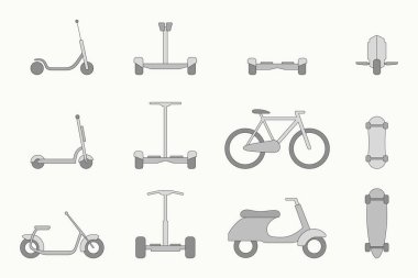Çevre dostu taşıma simgeleri ayarlandı - Scooter, monowheel, hoverboard, bisiklet ve kaykay için vektör renk sembolleri