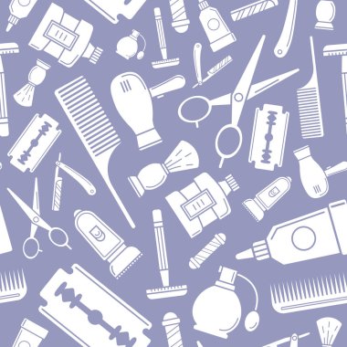 Berber Dükkanı - Grafik tasarımı için siluetler güzellik salonunun vektör arkaplanı (kusursuz desen)