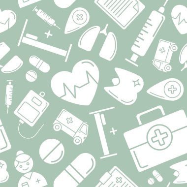 Tıp- grafik tasarımı için siluetler ambulansının vektör arkaplanı (pürüzsüz desen)