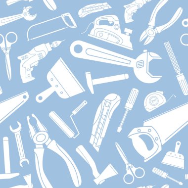 Çalışma aracı - Siluet çekiç, anahtar, tornavida, pense, anahtar, matkap, balta ve bıçak grafiksel tasarım için vektör arkaplan (pürüzsüz desen)