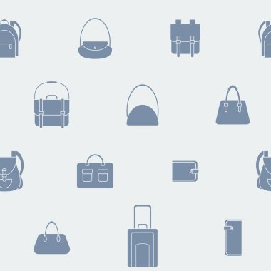 Çanta - Siluet çantasının, sırt çantasının, çantanın, el çantasının, valizin, grafik tasarımı için valizin vektör arkaplanı (kusursuz desen)