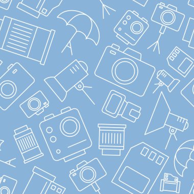 Fotoğraf teçhizatı arkaplanı - Grafik tasarımı için kamera, flaş, lens, tripod, slr ve ışık vektörsüz desen
