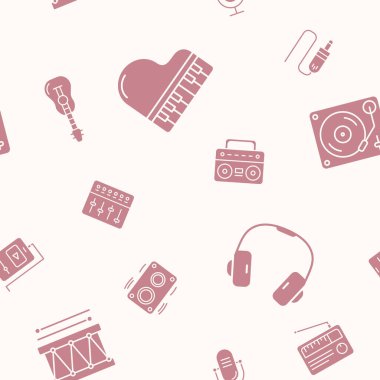 Müzik - Grafik tasarımı için siluet ses ekipmanlarının vektör arkaplanı (pürüzsüz desen)