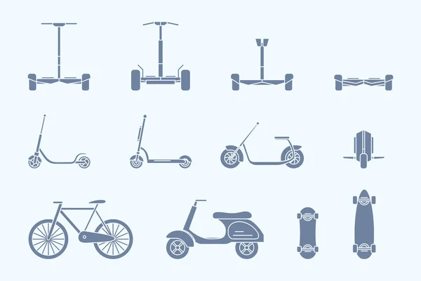 Çevre dostu taşıma simgeleri ayarlandı - Scooter, monowheel, hoverboard, bisiklet ve kaykay vektör siluetleri site veya arayüz için