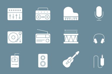 Müzik simgeleri ayarlandı - site veya arayüz için ses ekipmanlarının vektör siluetleri