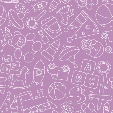 Çocuk oyuncağı - Ayı, top, at, araba, tren, ördek, blok ve bebek grafik tasarımı için vektör arkaplan (kusursuz desen)