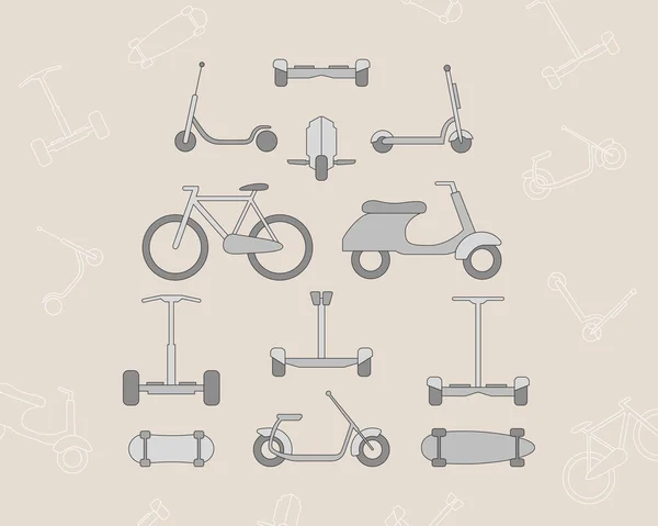 Çevre dostu taşıma simgeleri - Site veya arayüz için vektör renk simgeleri ve scooter, monowheel, hoverboard, bisiklet ve kaykay