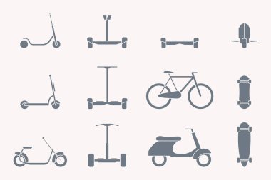 Çevre dostu taşıma simgeleri ayarlandı - Scooter, monowheel, hoverboard, bisiklet ve kaykay vektör siluetleri site veya arayüz için