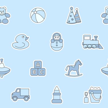 Çocuk oyuncağı - Ayı, top, at, araba, tren, ördek, blok ve bebek grafik tasarımı için vektör renk arkaplanı (kusursuz desen)
