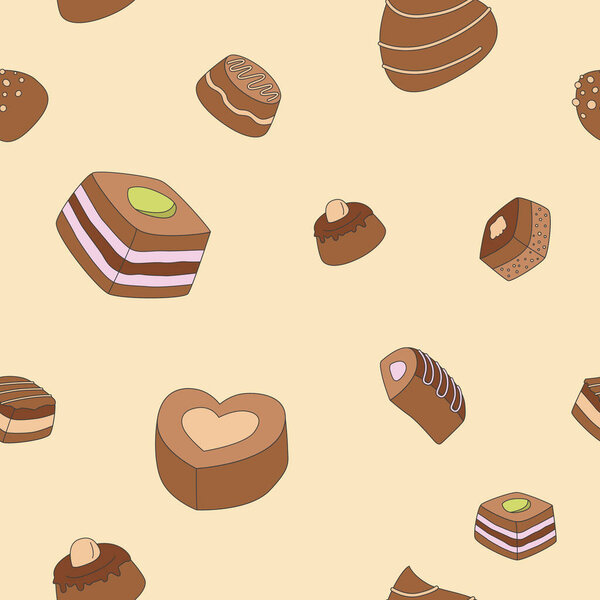 Sweet chocolate background - Vector color seamless pattern of dessert, candy, truffle and snack for graphic design