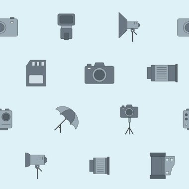 Fotoğraf ekipmanı arkaplanı - Grafik tasarımı için vektör rengi kusursuz kamera, flaş, lens, tripod, slr ve ışık deseni