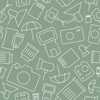 Fotoğraf ekipmanı arkaplanı - Grafik tasarımı için vektör pürüzsüz şablon, flaş, lens, tripod, slr ve ışık minimum simgeleri