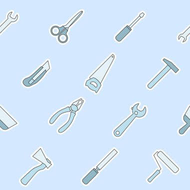 Çalışma aracı - Grafik tasarımı için çekiç, anahtar, tornavida, pense, anahtar, matkap, balta ve bıçağın vektör renk arkaplanı (pürüzsüz desen)