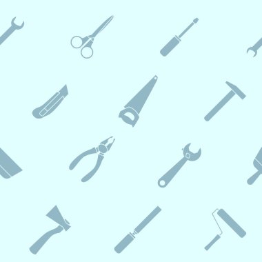 Çalışma aracı - Siluet çekiç, anahtar, tornavida, pense, anahtar, matkap, balta ve bıçak grafiksel tasarım için vektör arkaplan (pürüzsüz desen)