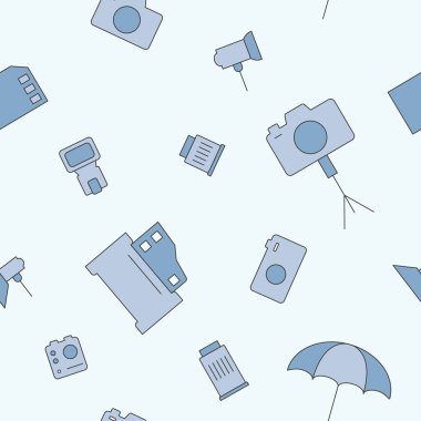 Fotoğraf ekipmanı arkaplanı - Grafik tasarımı için vektör rengi, kamera, flaş, lens, tripod, slr ve ışık minimumum desen