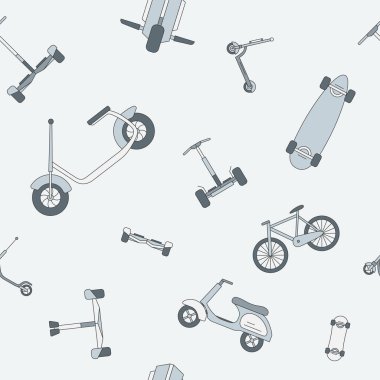 Çevre dostu ulaşım arkaplanı - Grafik tasarımı için scooter, monowheel, hava kaykayı, bisiklet ve kaykaykayın vektör renksiz deseni