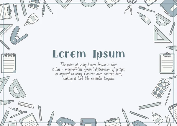 Kağıt - kalem, kalem, cetvel, makas, silgi, işaret, boya fırçası, grafik tasarımı için yapıştırıcı içeren metin ve vektör renk çizimleri