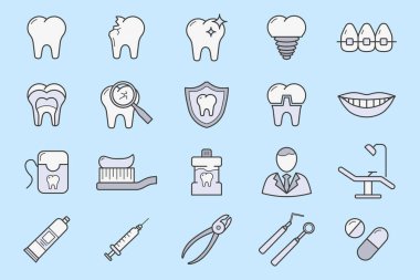 Diş hekimi simgeleri seti - İlaç, diş fırçası, diş macunu, diş macunu, diş fırçası ve arayüzü için vektör renk sembolleri