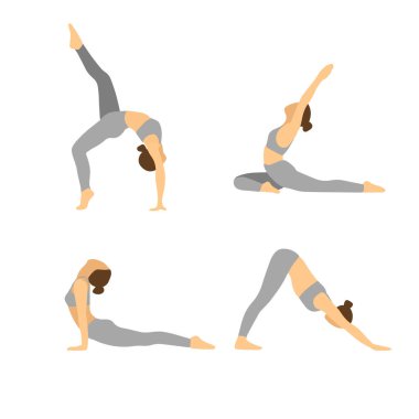 Vektör spor kadını, yoga pozları, sağlıklı ve aktif yaşam tarzı.