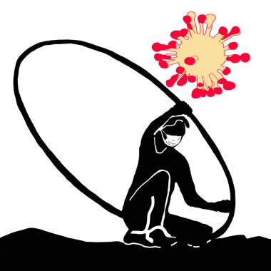 Yüzünde çember ve maske olan kız. 