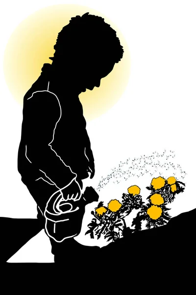太陽で花に水をやる子供のシルエットは月と仮面をつけ — ストック写真