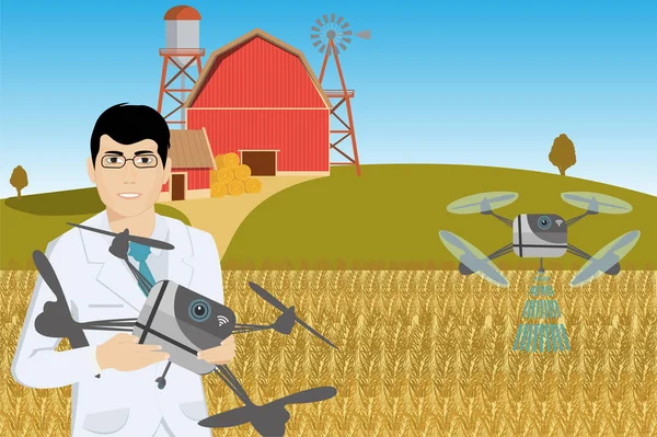 Mann sprüht mit unbemannten Drohnen Getreidekonzentrate. — Stockvektor