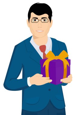 Elinde Noel hediyesi olan bir adam. Vektör.