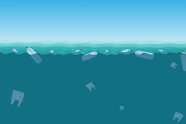 Botol plastik di laut. Polusi laut dunia oleh limbah plastik . - Stok Vektor