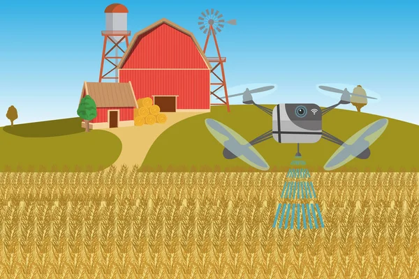 Moderne slimme boerderij met dronesproeiers. Digitale transformatie i — Stockvector