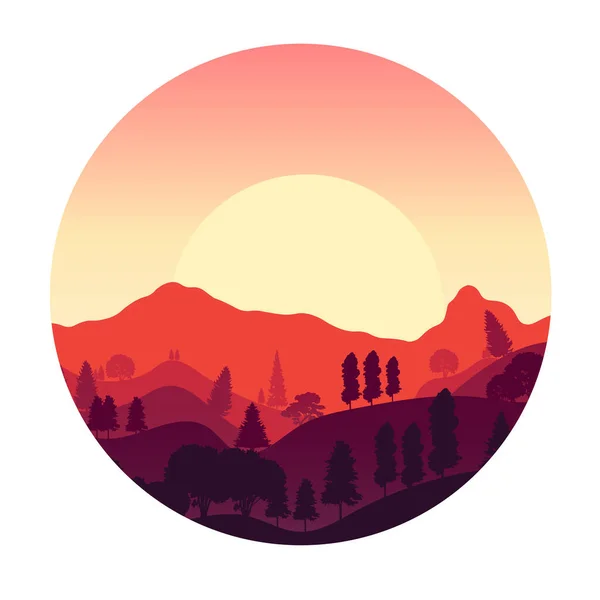 Paisaje con altas montañas y bosque por la noche en tono cálido . — Vector de stock