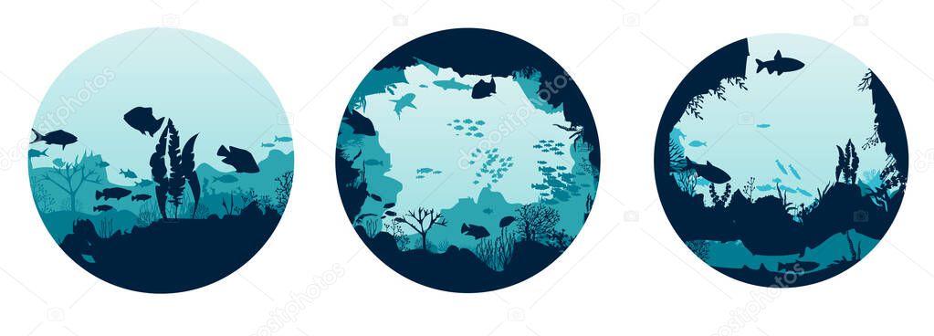 Flora and fauna of the ocean. Silhouette of fish and algae