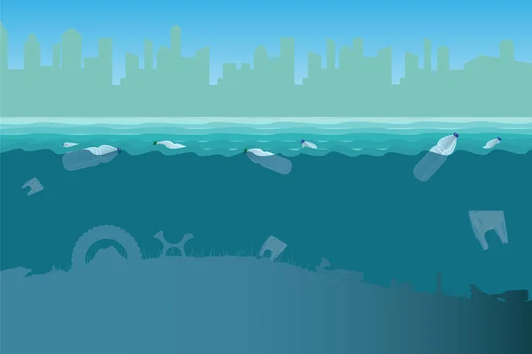 Πλαστικά μπουκάλια στη θάλασσα. Ρύπανση του παγκόσμιου ωκεανού από πλαστικά απόβλητα. — Διανυσματικό Αρχείο