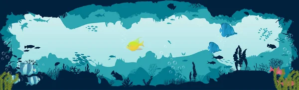 Peces y algas en el fondo de los arrecifes. Escena submarina . — Vector de stock