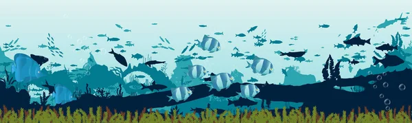 Риби і водорості на тлі рифів. Підводний океан сцена . — стоковий вектор